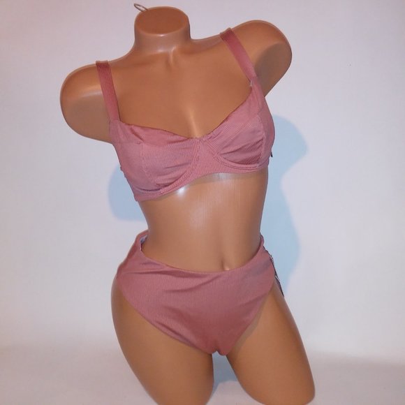 Victoria Secret Swim Bikini Top & Bottom Ribbed High Waist Solid Underwire New - Picture 3 of 15